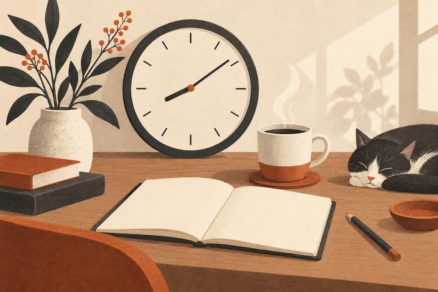 A clock, cup and notebook for a daily study habit