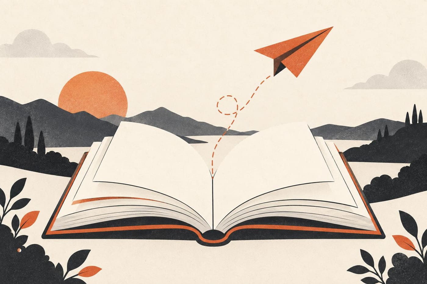 An open book with a paper plane for reading practice