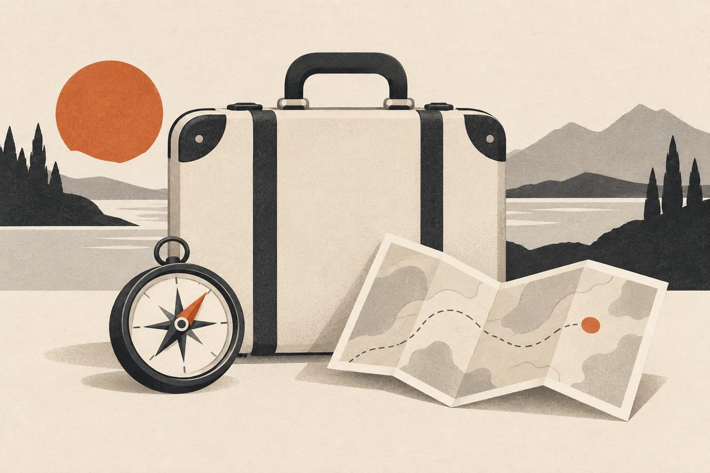 A suitcase and compass for travel Japanese